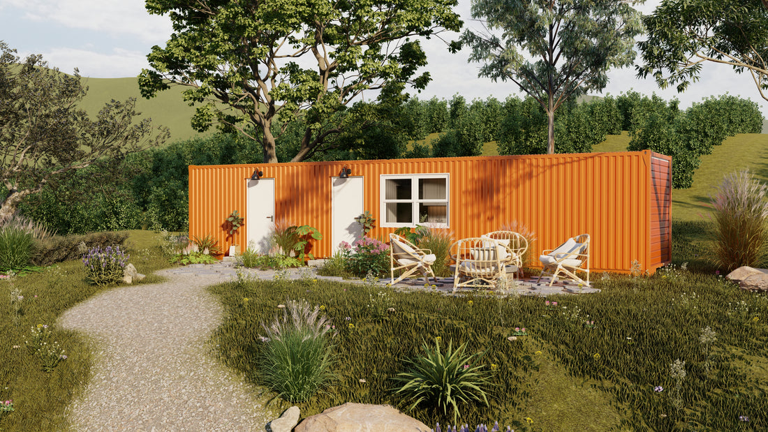 40 ft shipping container cabin home with awning and grass