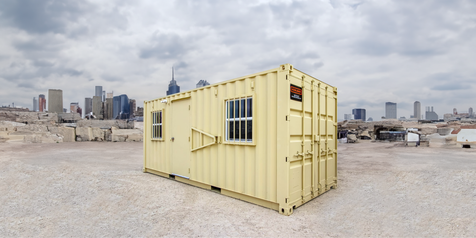 XCaliber Container 20 Mobile Office with Business Cityscape background